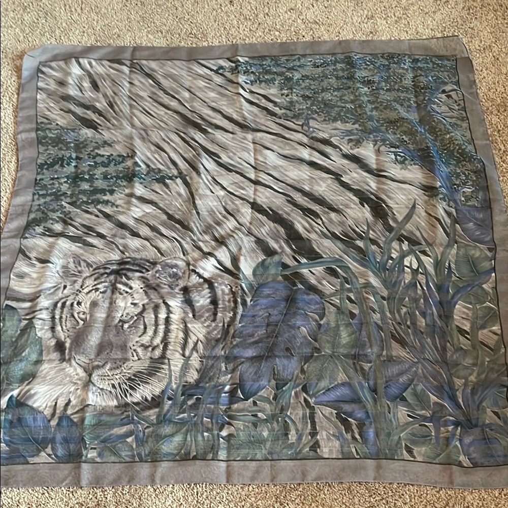 Berkshire Handkerchief Vintage art wall decoration Tiger blue white Square scarf